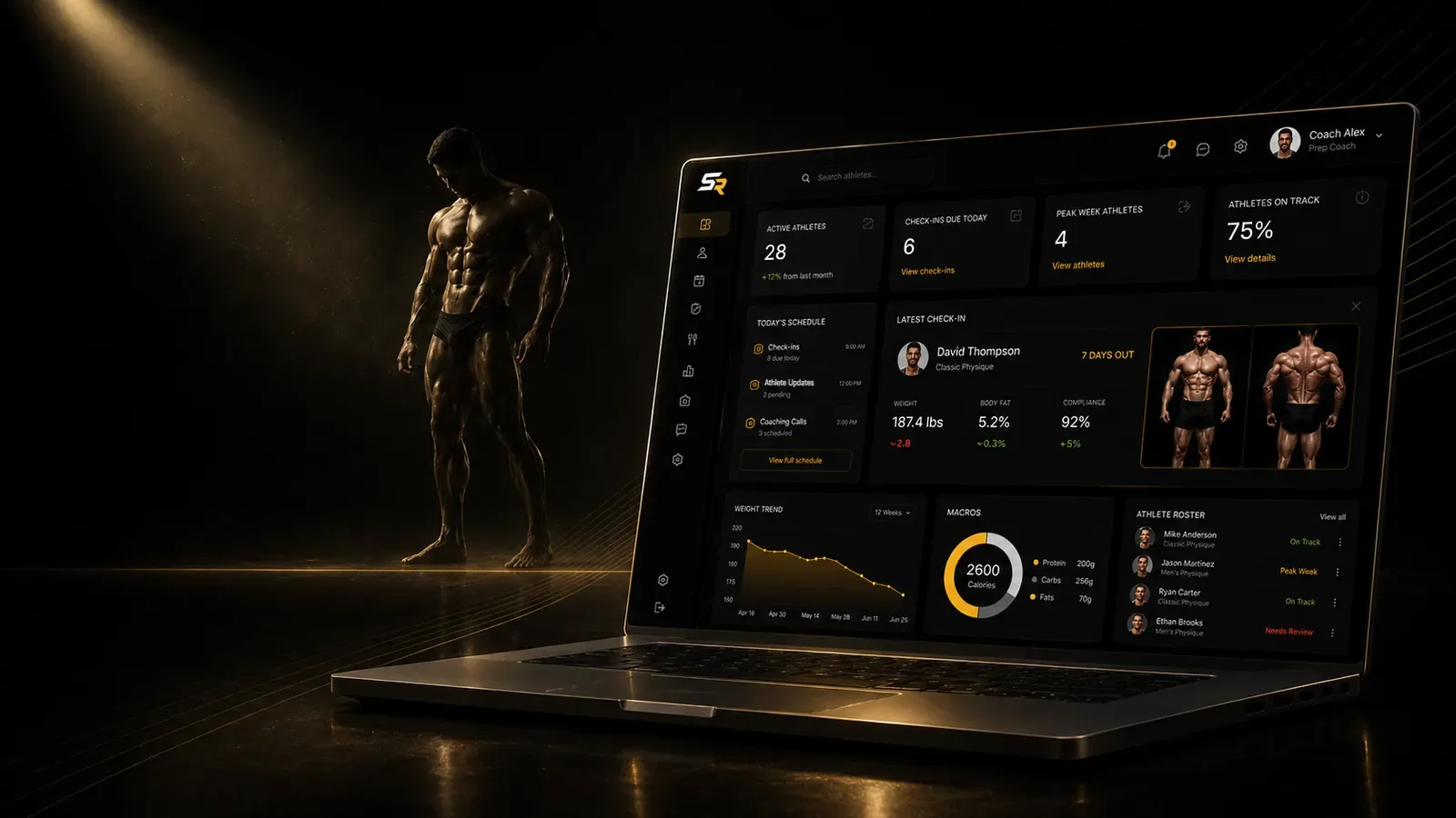 A ShredRoster coach dashboard on a laptop beside a physique athlete under a gold stage light