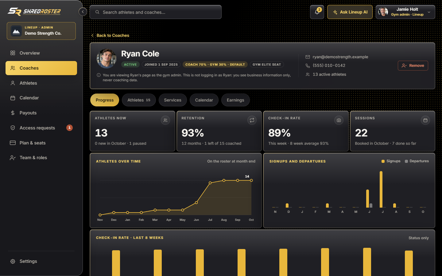A coach page with the coach's photo, tabs for progress, athletes, services, calendar and earnings, and progress charts. Sample data.
