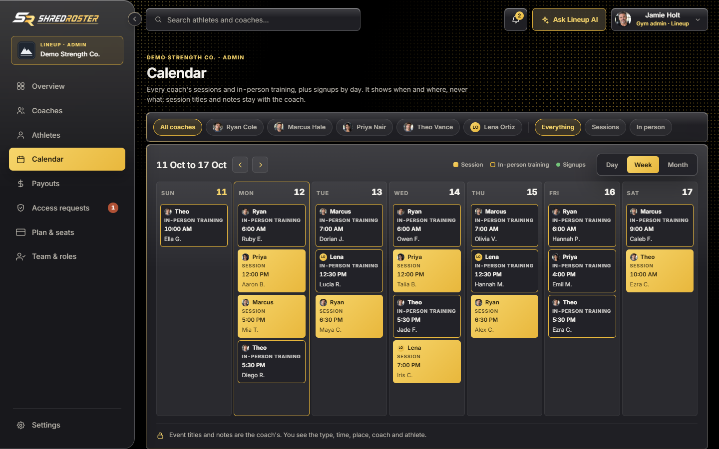 The gym calendar, week view, with every event showing the coach's photo. Sample data.