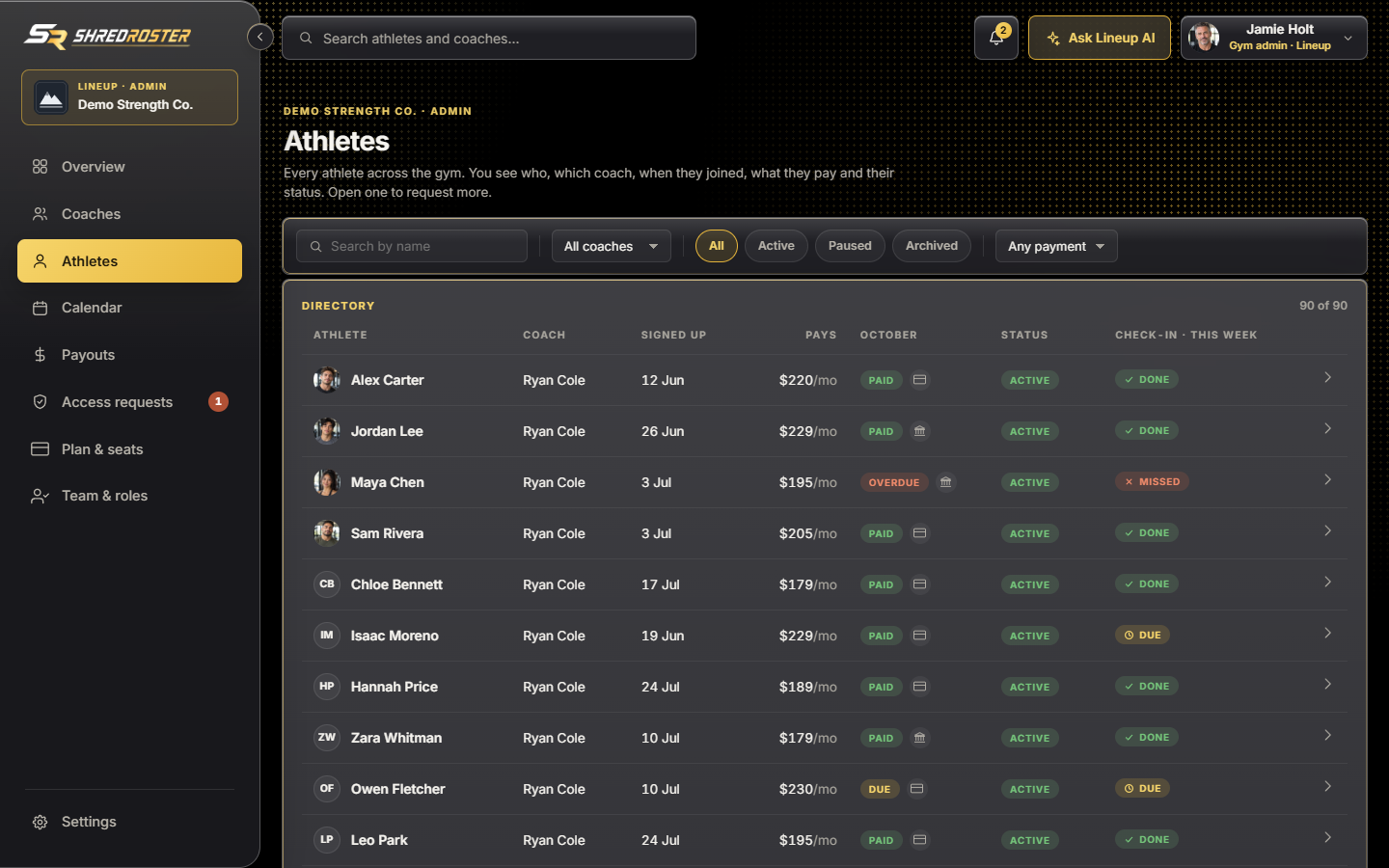 The athlete directory with business details only. Sample data.
