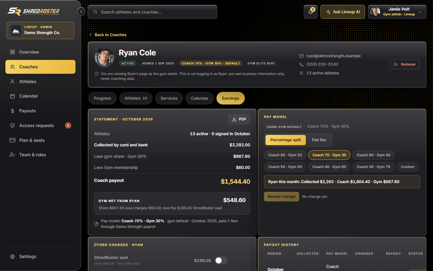 The pay model picker on a coach's earnings tab, set to a percentage split with presets. Sample data.