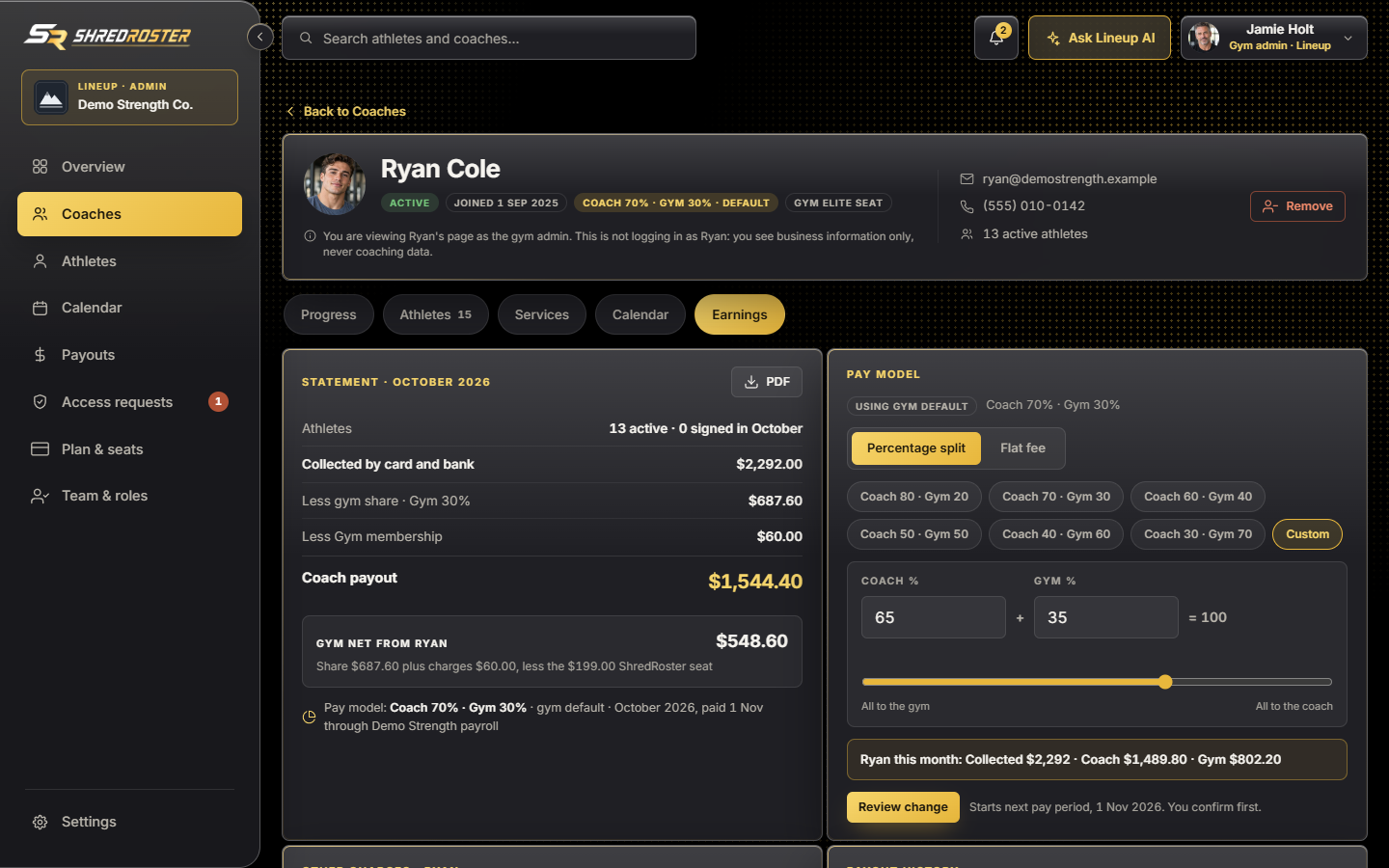 The pay model picker set to a custom percentage split. Sample data.