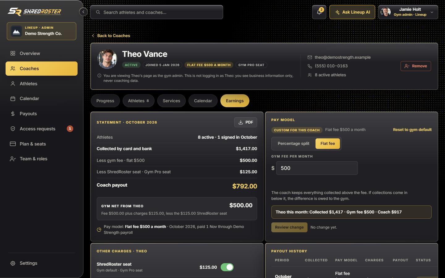 The pay model picker set to a flat monthly fee. Sample data.