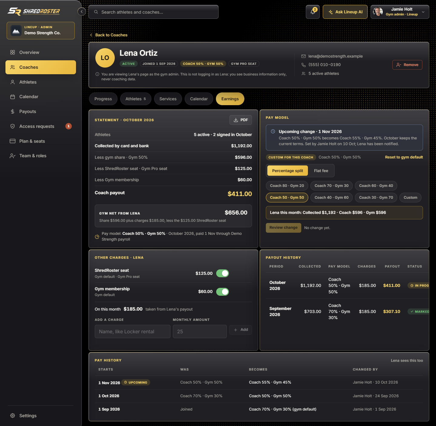 One coach's monthly payout statement in the owner view, with a PDF export. Sample data.