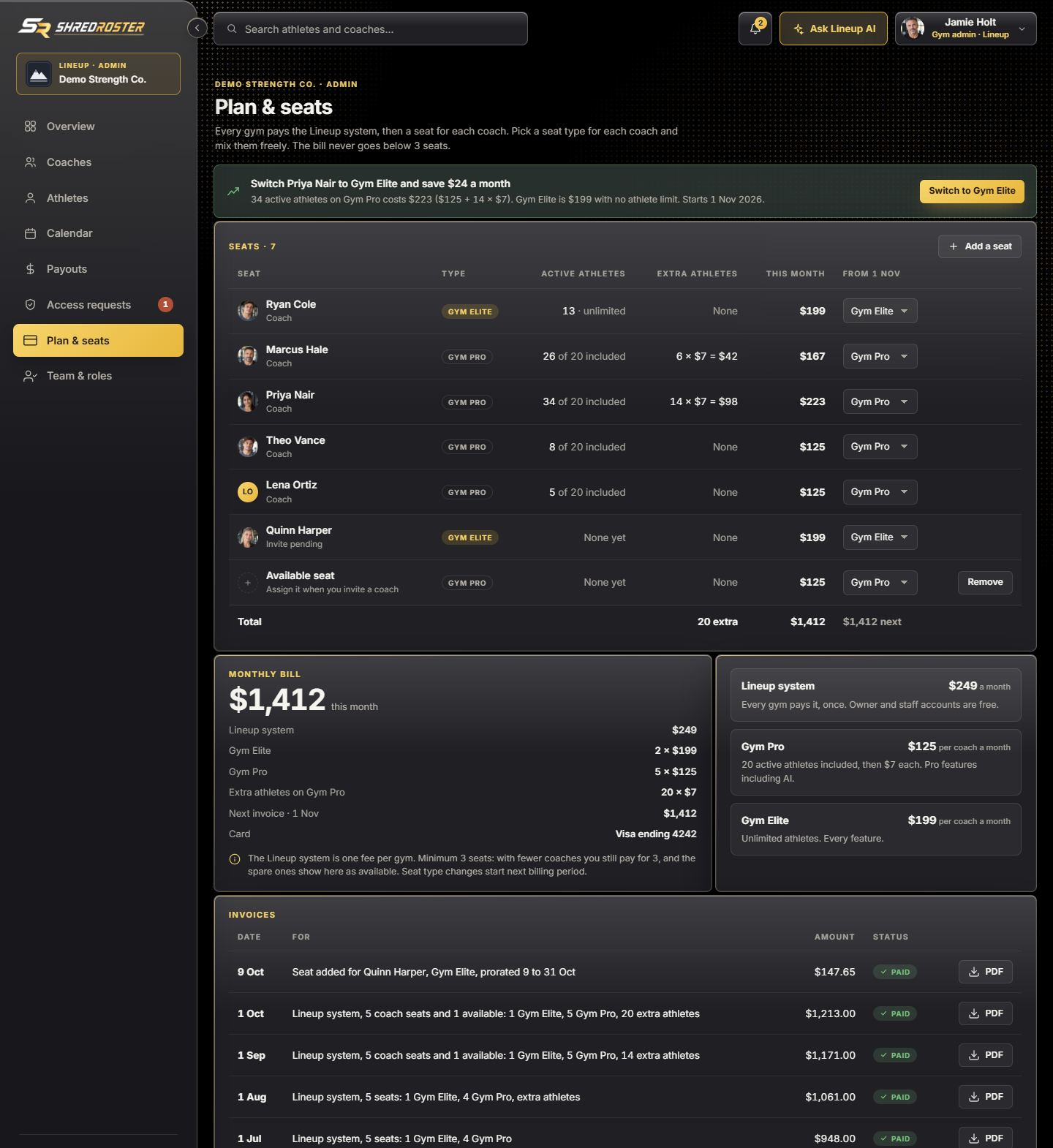 Plan and seats, with Gym Pro and Gym Elite seats mixed, extra athletes and an available seat. Sample data.