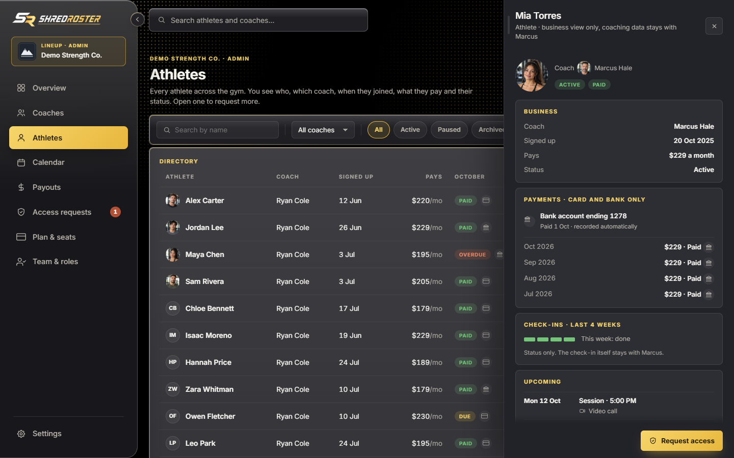 An athlete's business detail at a Lineup gym, with a card or bank payment method. Sample data.